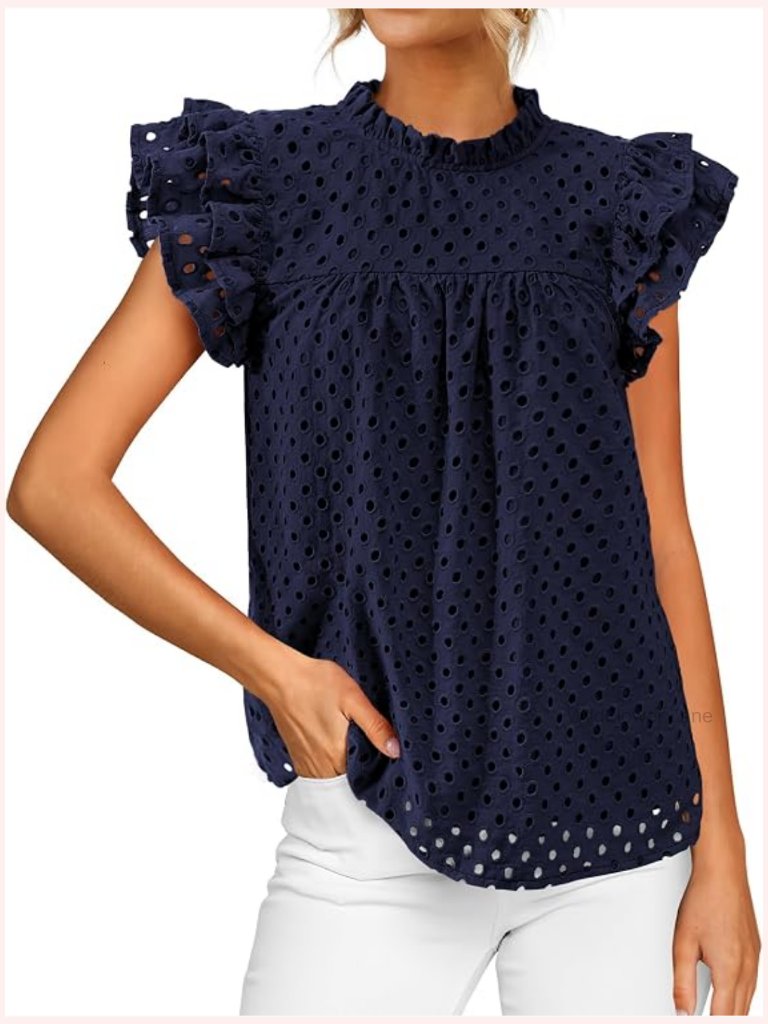 Casual Summer Tops Short Ruffle Sleeves Crew Neck Hollow Out Lace Embroidered